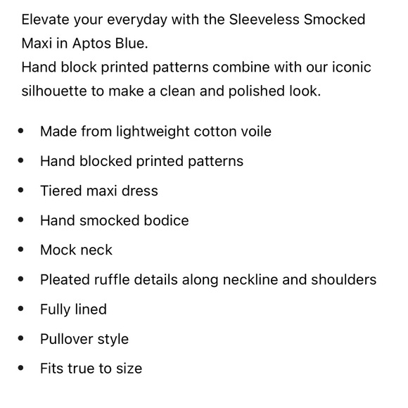 NEW Oliphant Sleeveless Smocked Maxi. Aptos Blue. S.
NWT. - Picture 7 of 12